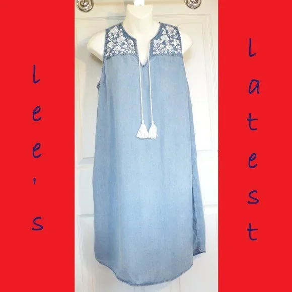 gap floral denim dress GAP Roll Cuff Medium Indigo Denim Floral Print Shift Dress Back Zipper Pockets 6